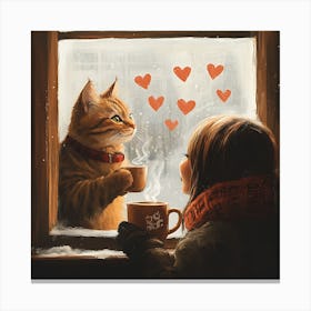 Cat and Person Sharing Hot Cocoa Artwork 1 Canvas Print