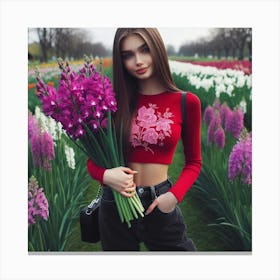 Beautiful Girl In Flower Field Canvas Print