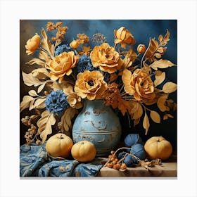 Still Life Ocher And Blue Autumn Flowers Art Print 3 Canvas Print