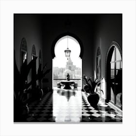 Black And White Photo Of A Hallway Canvas Print