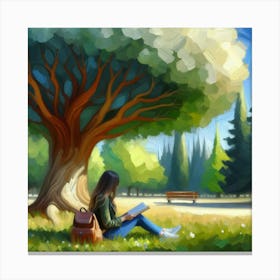 Girl Reading Under The Tree, Acrylic Painting Style Canvas Print