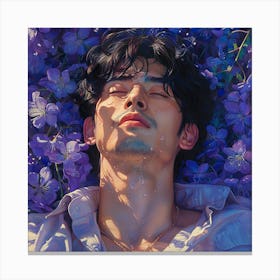 Man Sleeping In Purple Flowers Canvas Print