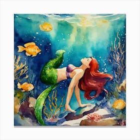 Painting The Little Mermaid Swimming In The Ocean (1) Canvas Print