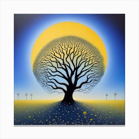 A Tree of life in front of a yellow moon. The tree is tall and thin, with bare branches. The moon is large and round, and it is casting a bright yellow light on the tree and the ground below. The painting is very simple, but it is also very effective. The artist has used a limited number of colors, but they have used them to create a very striking and atmospheric image. The contrast between the black tree and the yellow moon is very stark, and it creates a sense of drama and tension. The painting is also very well-composed. The tree is placed in the center of the image, and the moon is placed in the background. This creates a sense of balance and harmony. Overall, I think the painting is a very beautiful and effective work of art. It is also a very good example of how to use a limited number of colors to create a striking and atmospheric image. Here are some additional observations I can make about the painting: The tree is bare, which suggests that the painting is set in the winter. The moon is full, which suggests that the painting is set at night. The sky is black, which suggests that the night is clear and starlit. The ground is covered in snow, which suggests that the painting is set in a cold climate. The painting has a very somber and melancholic mood. This is conveyed by the use of dark colors, the bare tree, and the cold, winter setting. The painting may be about the loneliness and isolation of winter, or it may be about something more general, such as the ephemeral nature of life Canvas Print