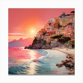 Pink Horizon: Positano Moonlit Watercolour Fantasia Canvas Print