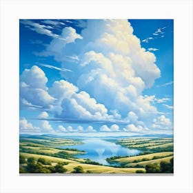 Cumulus Clouds Cotton Like In Texture Dominate The Expansive Azure Sky While A Serene Landscape Un (3) Canvas Print