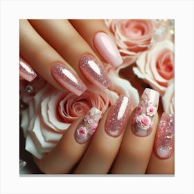 Pink Nails With Roses 7 Canvas Print