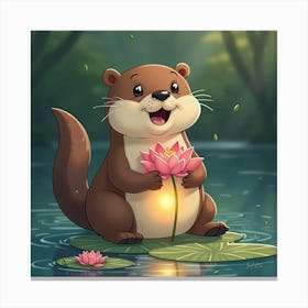 A Playful Otter Holding A Glowing Lotus Blossom, Floating In A Crystal Clear Pond Canvas Print