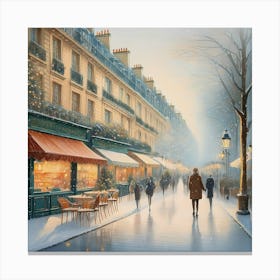 Paris cafes, winter season, Christmas, pale colors, pedestrians in the street, winter clothes, falling snow.15 Canvas Print