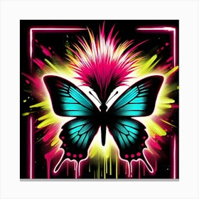 A Flashy Butterfly With A Neon Mohawk, Inspired By The Street Art Of Banksy, With A Bold Black And Neon Color Scheme, Where The Butterfly Is In Focus And The Background Is Blurred Into Neon Shapes, Framed With Abstract Brush Strokes Canvas Print