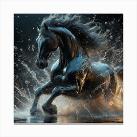 Black Horse Running In Water Canvas Print