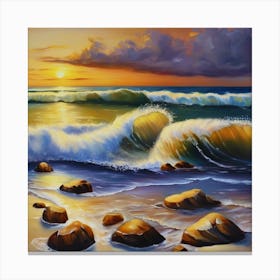 The sea. Beach waves. Beach sand and rocks. Sunset over the sea. Oil on canvas artwork.10 Canvas Print