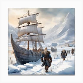 White Winter Frozeen ships Vikings art Watercolor Canvas Print