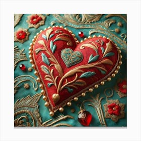 Embroidered Heart red 3 Canvas Print