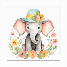 Floral Baby Elephant Nursery Illustration (3) Canvas Print
