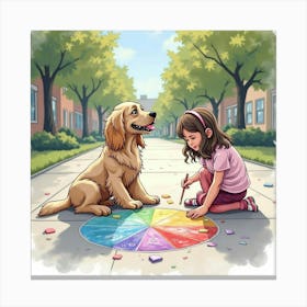 A Cocker Spaniel And A Girl Creating Art With Chalk On The Sidewalk, Watercolor Canvas Print