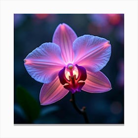 A Radiant Orchid With Petals Of Shifting, Neon Light Blooming In A Surreal Garden Canvas Print