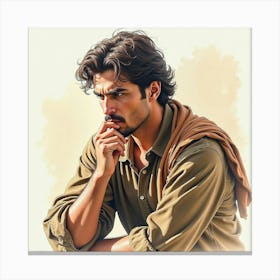 Spanish Man With A Contemplative Pose, Watercolor With Soft Highlights 1 Canvas Print