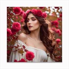 Beautiful Woman With Red Roses Canvas Print