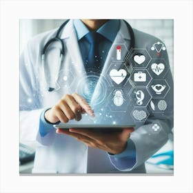 Doctor Using Tablet With Medical Icons Canvas Print