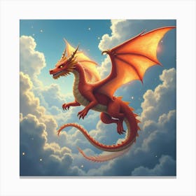 A Dragon Flying Through The Clouds, Scales Glowing Bright 1 Canvas Print