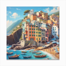 A Slice of Paradise: A Realistic Painting of a Beach Scene with Colorful Houses, Boats, and Umbrellas Canvas Print