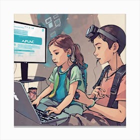 Two Kids Using A Laptop Canvas Print