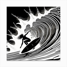 Linocut Black And White Surfer Girl On A Wave art, surfing art 1 Canvas Print