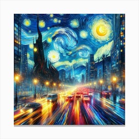 Neon Sonata of the Cityscape, Inspired by Vincent van Gogh's swirling Starry Night and emotive brushstrokes 1 Canvas Print