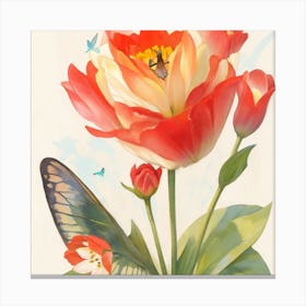 Tulip Rose With A Butterfly Standing On I 1 Canvas Print