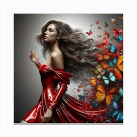 Beautiful Woman In Red Dress With Butterflies Canvas Print