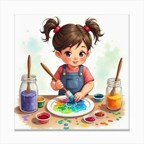 Toddler Painting With Bright Colors In A Playful Watercolor Scene Canvas Print