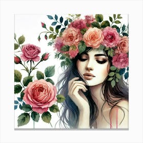 woman portrait with flowers head crown 2 Canvas Print