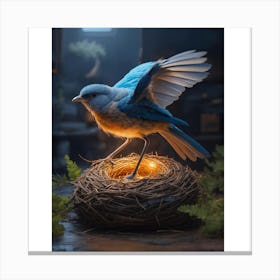 Blue Bird In Nest Canvas Print