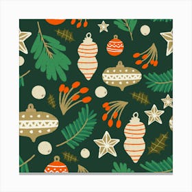 Christmas Baubles And Winter Foliage Green Canvas Print