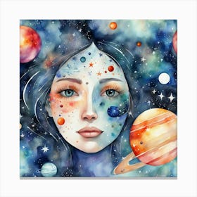 Watercolor Of A Girl With Planets 4 Canvas Print