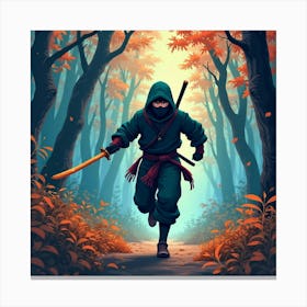 Ninja Running Through A Vibrant Forest, Blades Drawn 1 Canvas Print