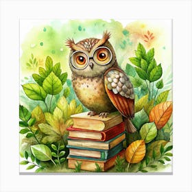 Watercolor Painting Of An Owl With Glasses Sitting On Books Canvas Print