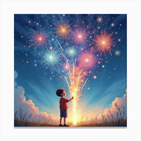 Boy Looking At Fireworks Canvas Print