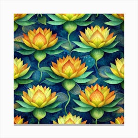 Seamless Pattern Of Watercolor Orange Lotus Flowers Canvas Print