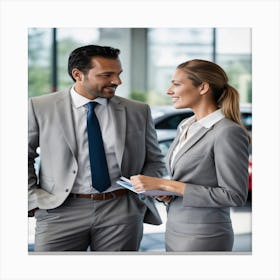 Businessman And Woman Talking In Car Showroom Canvas Print