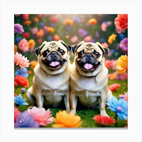 Two Pugs With Flower Background 1 Canvas Print