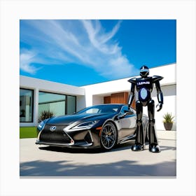 A Sleek Charcoal Grey Lexus Sports Car Is Parked In Front Of A Beautiful Modern House Guarded By A Futuristic Robot 3 Canvas Print