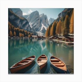 Beautiful Lake With Boats In The Italian Alps Lago Di Braies 1 Canvas Print