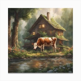 Cow By The Stream Canvas Print