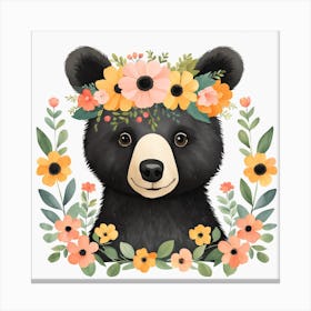 Floral Baby Black Bear Nursery Illustration (36) Canvas Print
