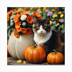 Autumn Cat With Pumpkins And Flowers Canvas Print