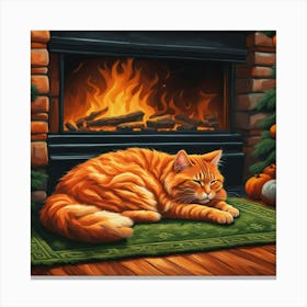 Cat In Front Of Fireplace Canvas Print