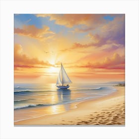 Sailboat On The Beach At Sunset Canvas Print