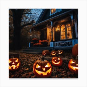 Halloween Pumpkins In Front Of A House 1 Canvas Print